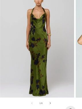 RESA Olive Green Floral Halter Satin Maxi Dress